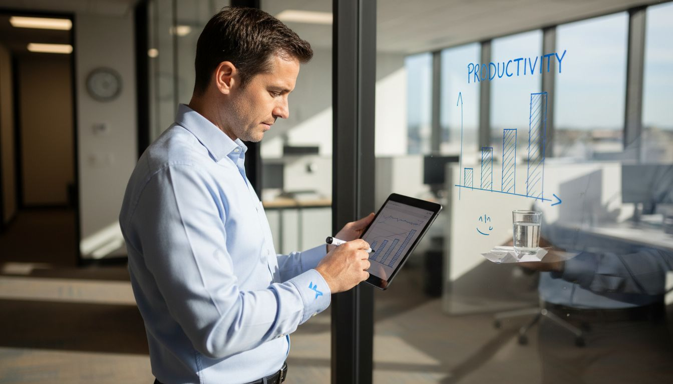 Manager analyzing AI workforce productivity numbers