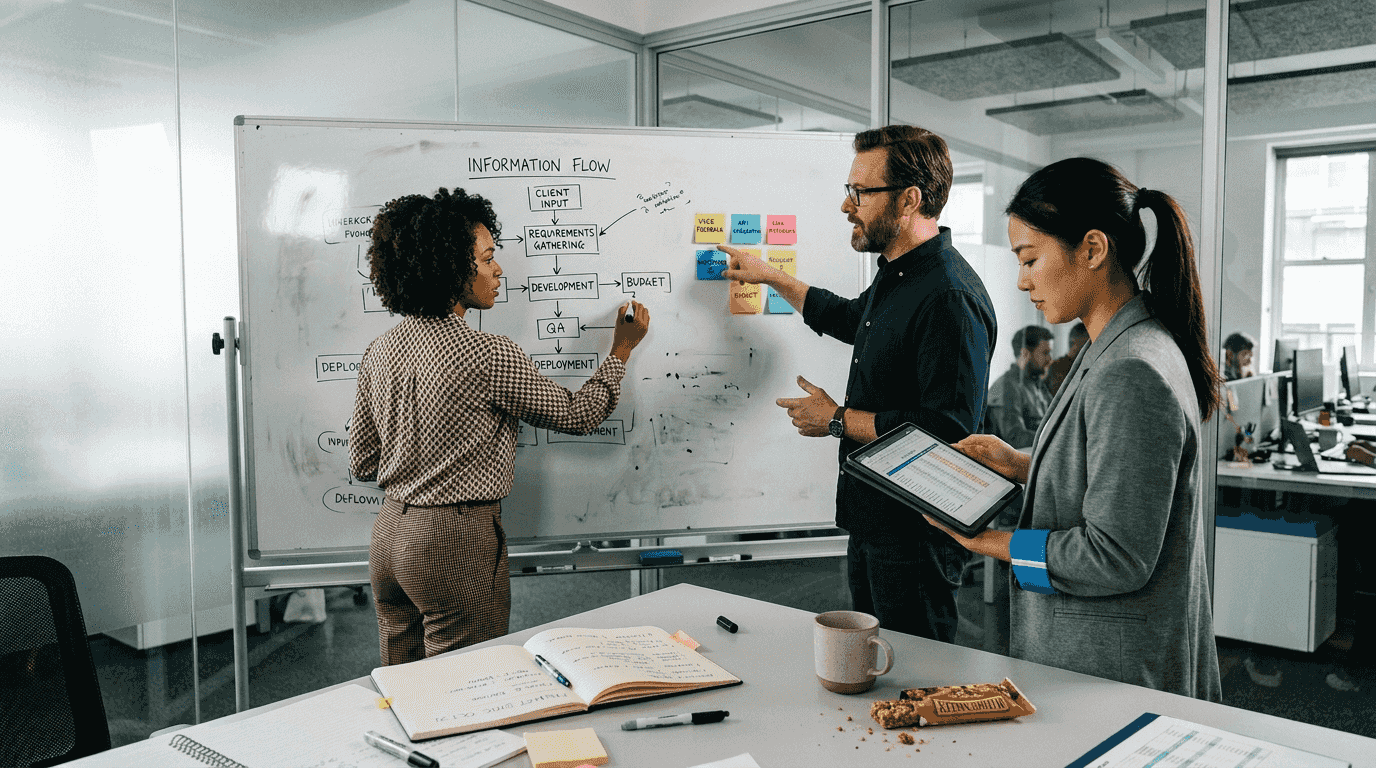 Team brainstorming AI workflow at whiteboard