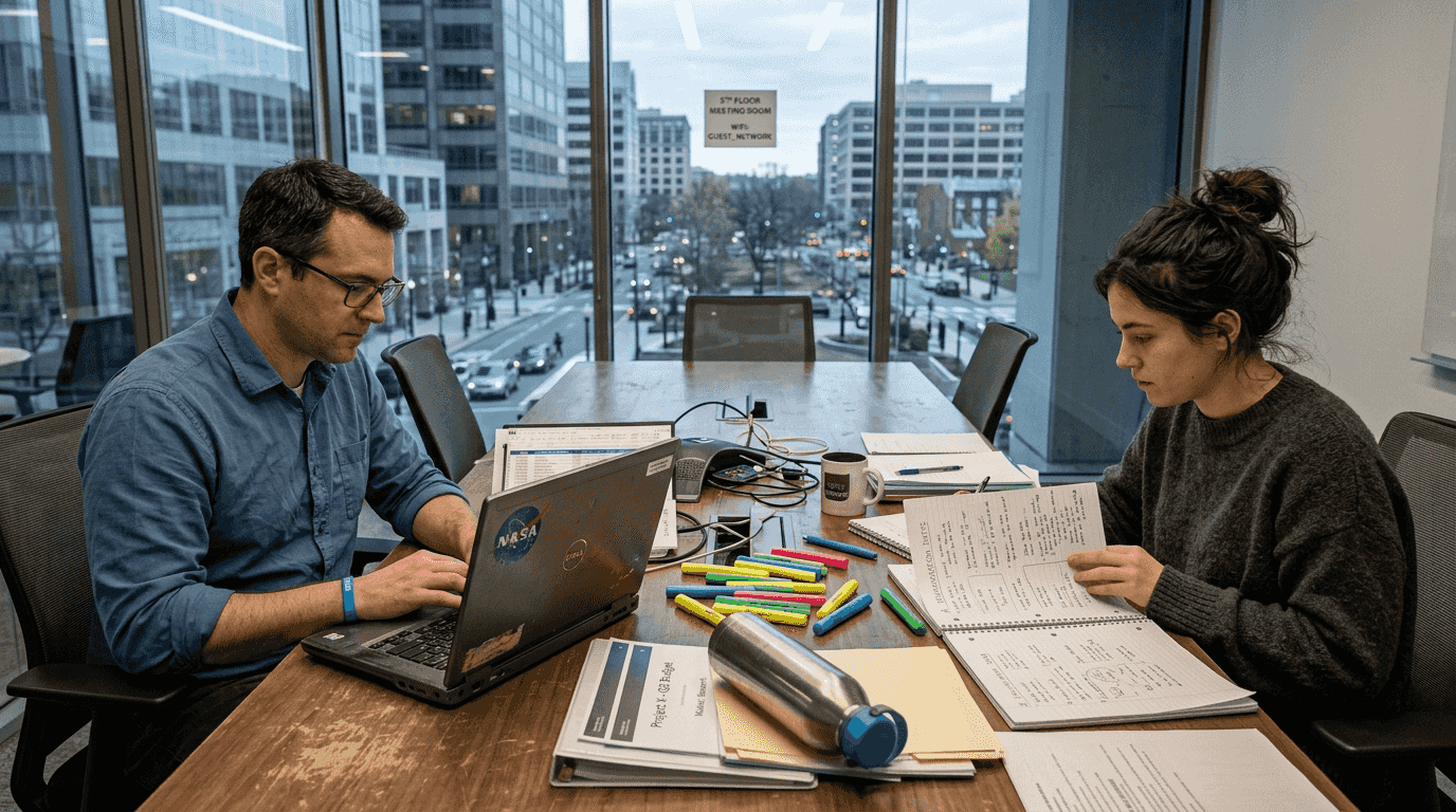 Coworkers reviewing AI cost savings notes