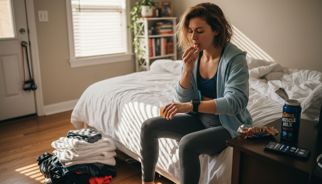 Woman taking vitamin with breakfast in bedroom