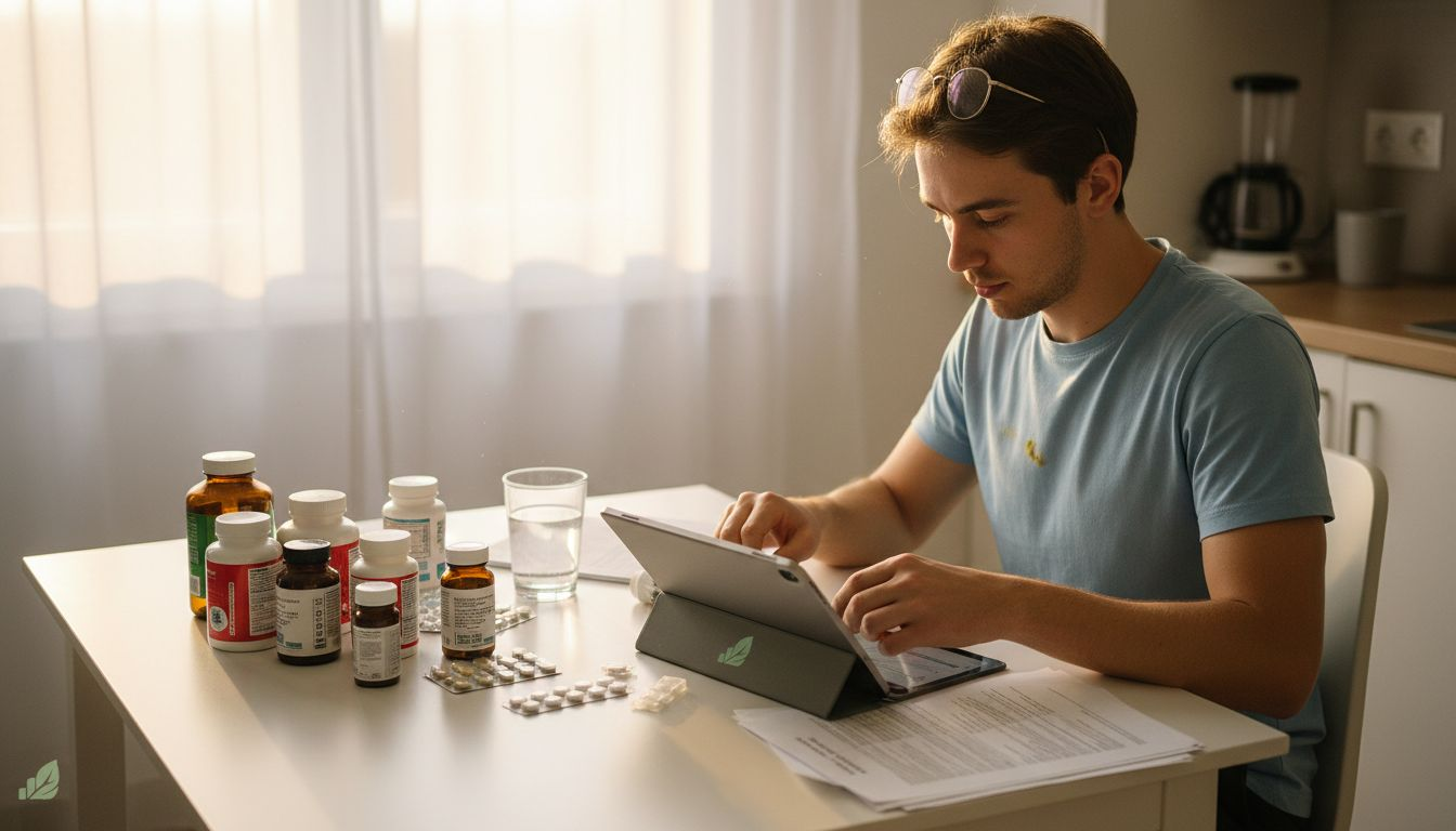 Nutritionist sorting supplements on sunlit table