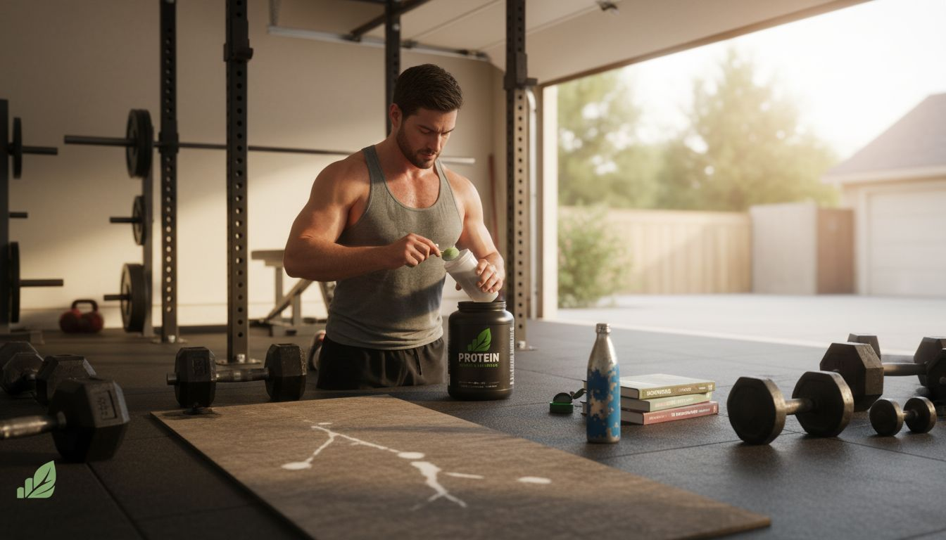 Athlete mixing whey protein in home gym