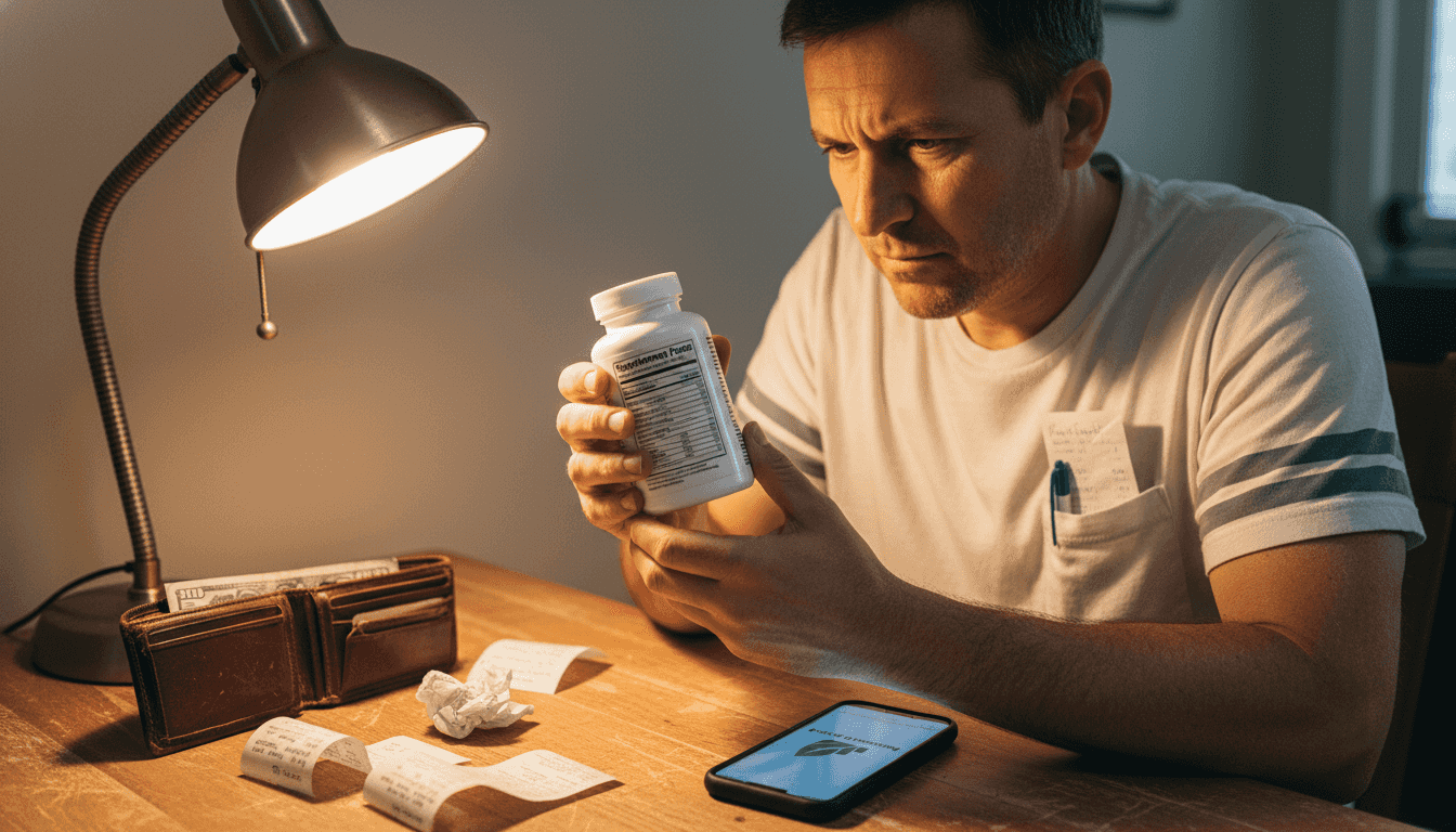 Man closely reading supplement label facts panel