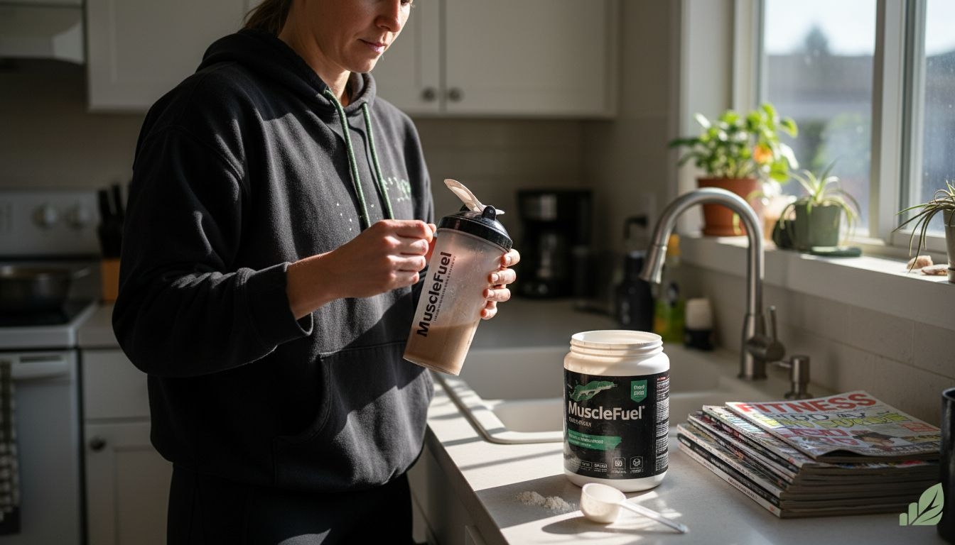 Femme préparant un shake de protéine post-entraînement à la cuisine