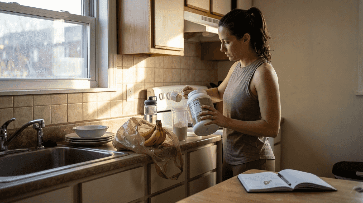 Mujer mezclando suplemento de proteína en la cocina