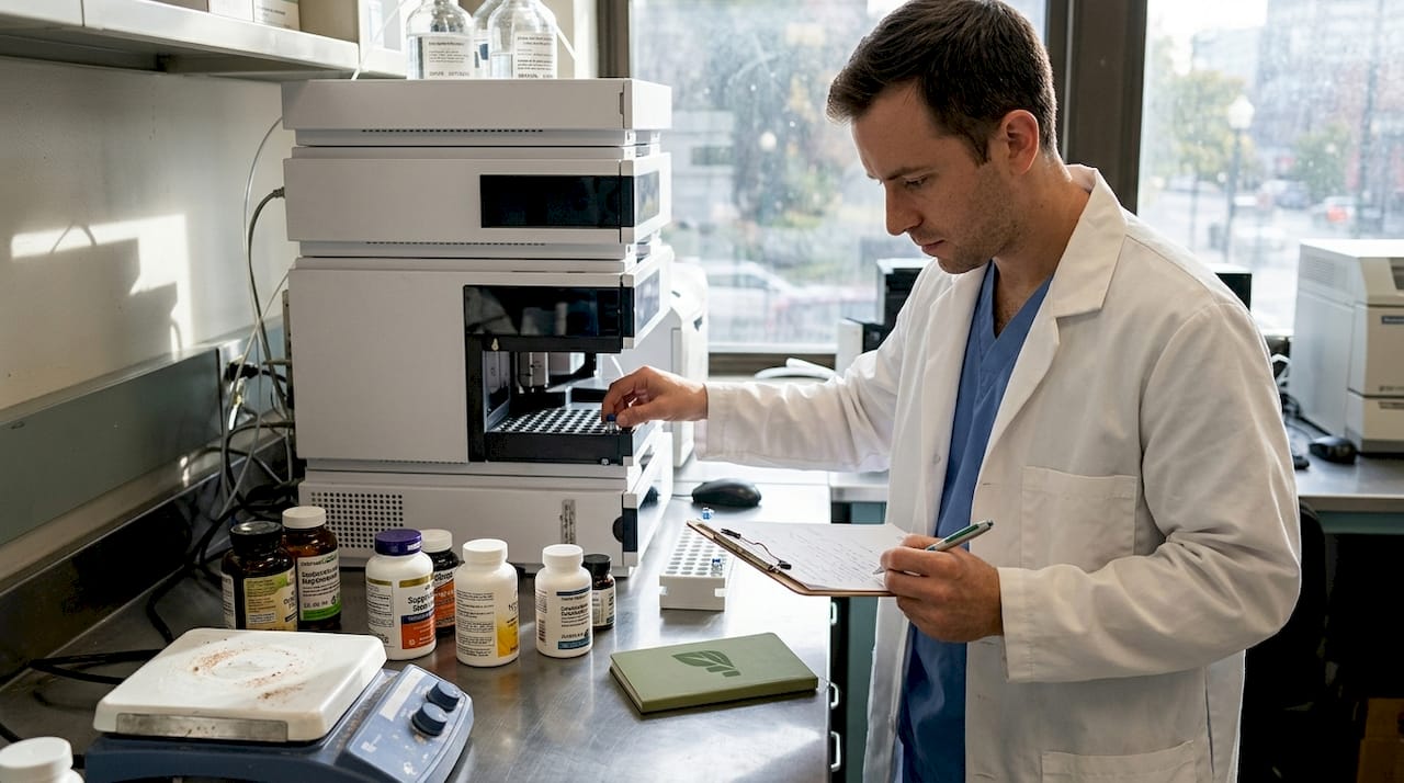 Technician performing supplement safety test in laboratory
