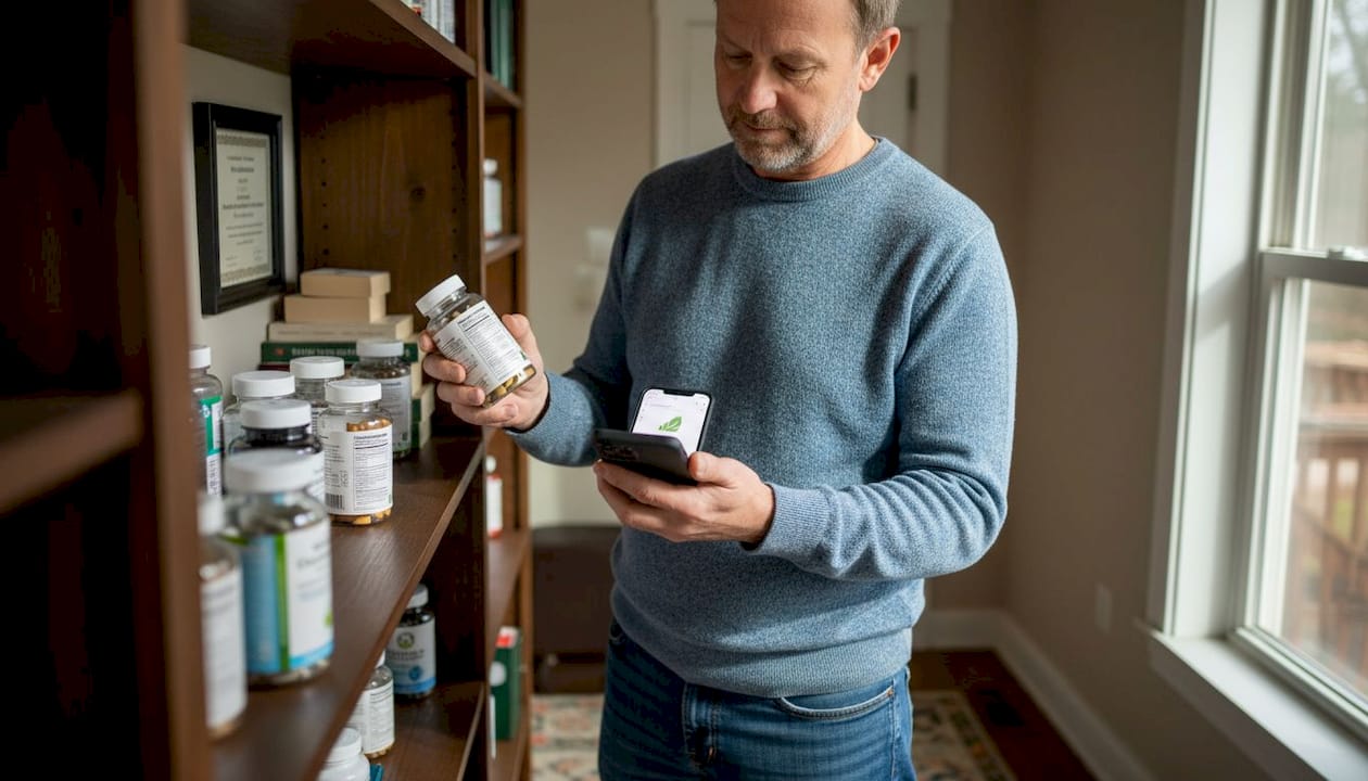 Man organizing transparent supplement bottles