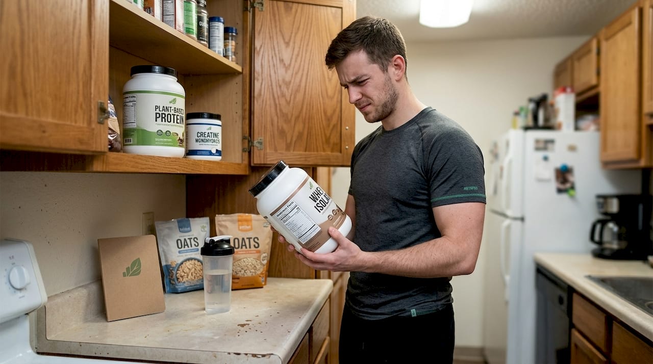 Mann wählt Proteinpulver aus dem Küchenschrank