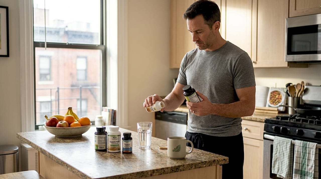 Man holding supplement capsules in kitchen
