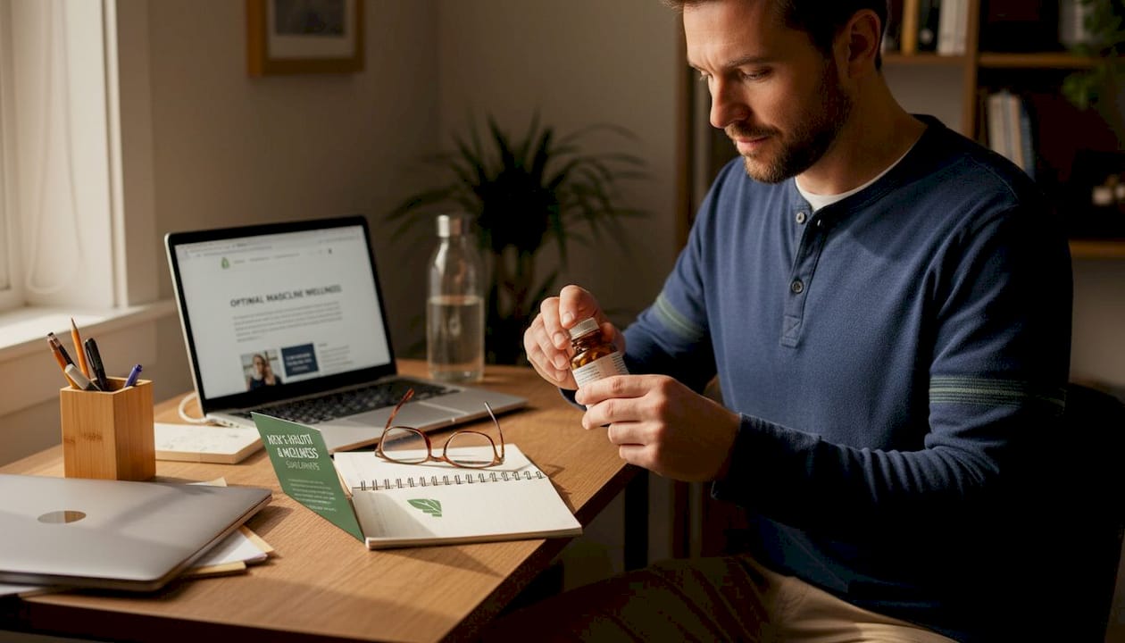 Hombre investigando ashwagandha en escritorio en casa