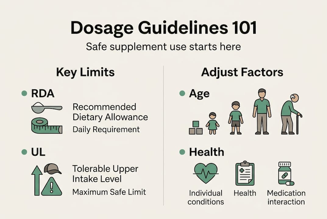 Infografía que resume los conceptos básicos de dosificación de suplementos