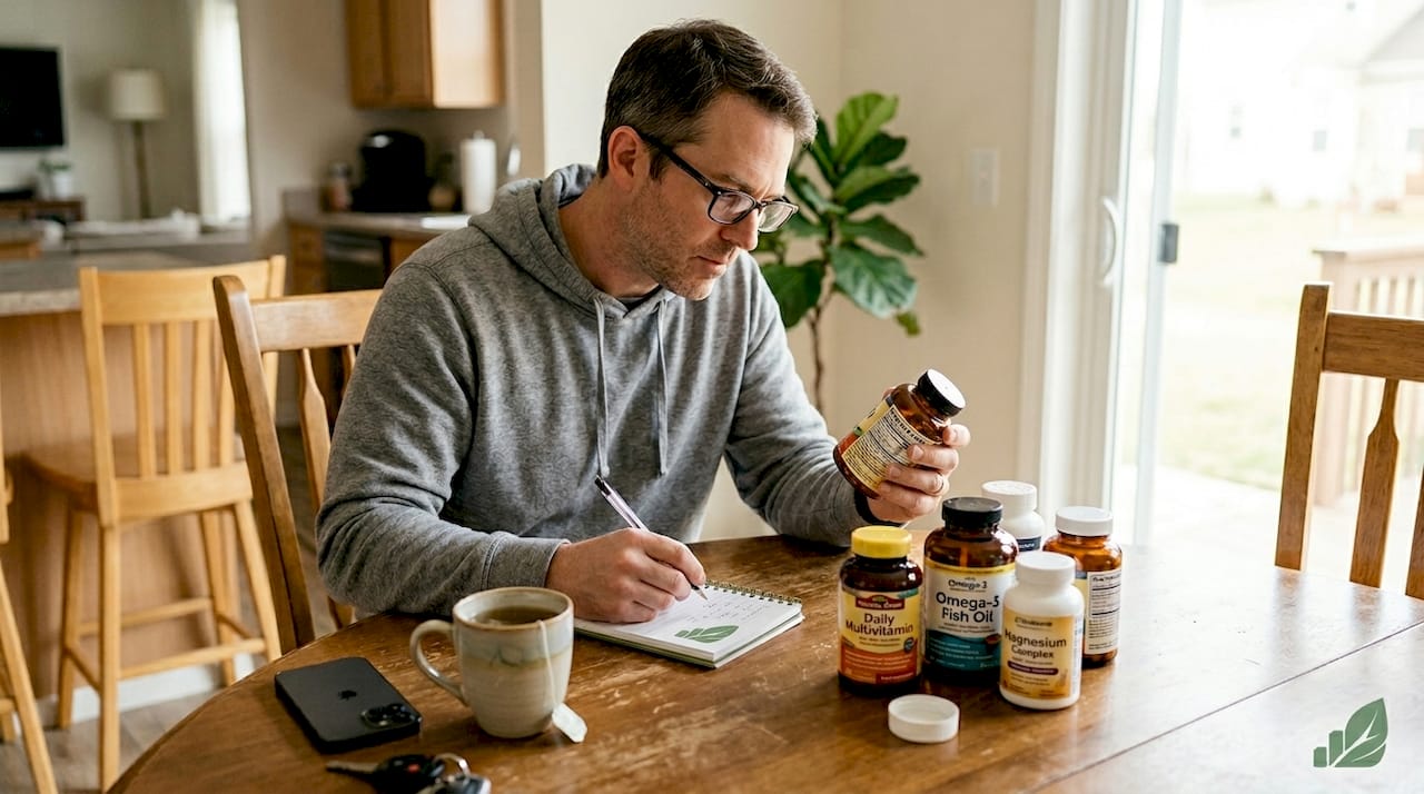 Mann protokolliert Supplementmengen am Heimtisch