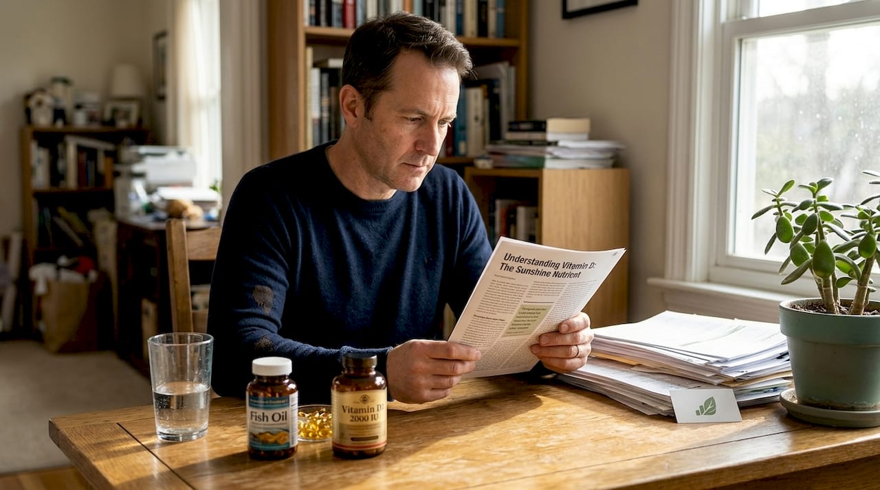 Mann liest Vitamin-D-Supplement-Info am Schreibtisch