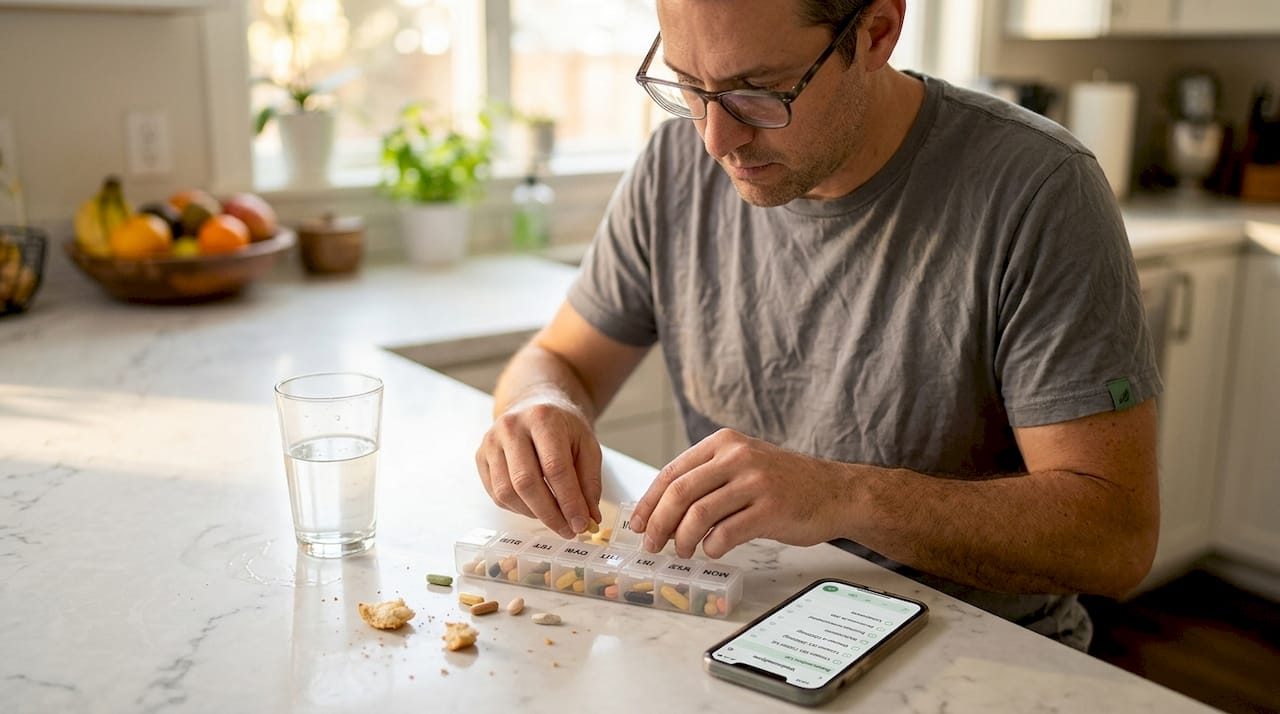 Uomo che organizza pillole con app di tracciamento degli integratori