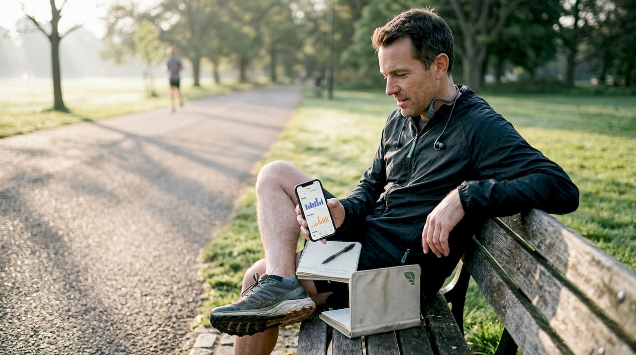 Uomo che rivede i risultati dei supplementi con app all'aperto