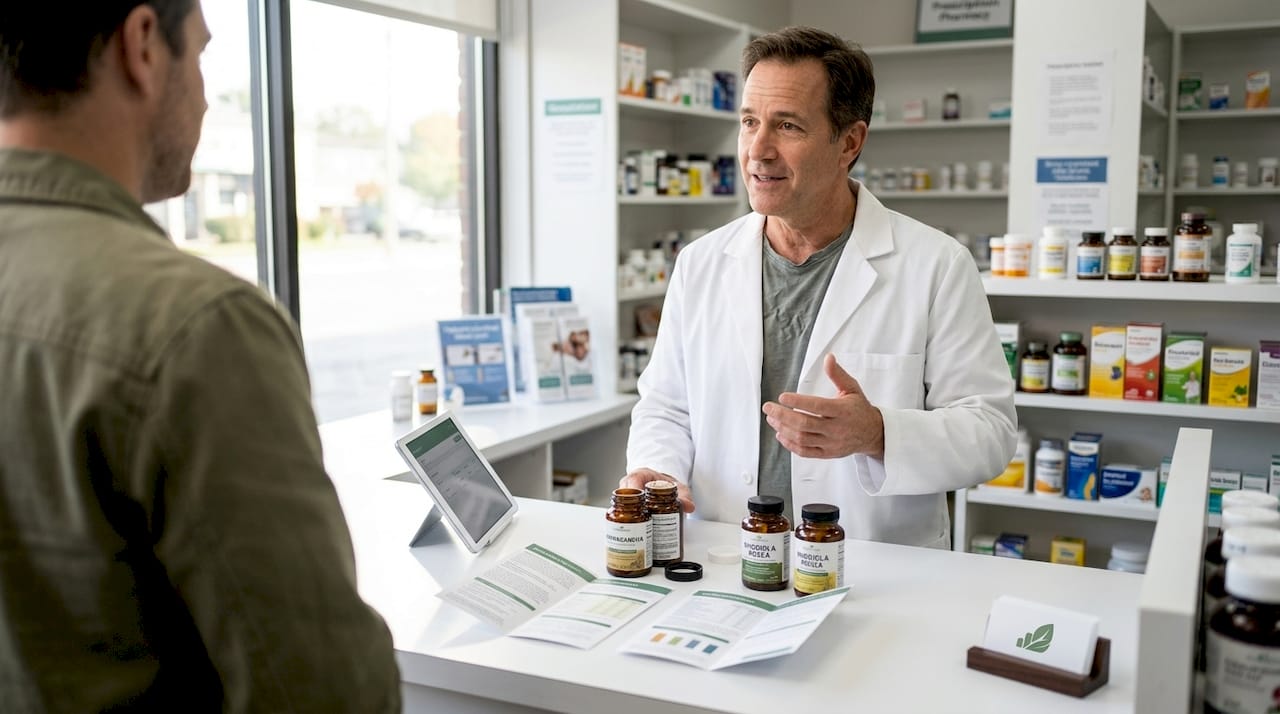 Pharmacist consulting about adaptogen supplements