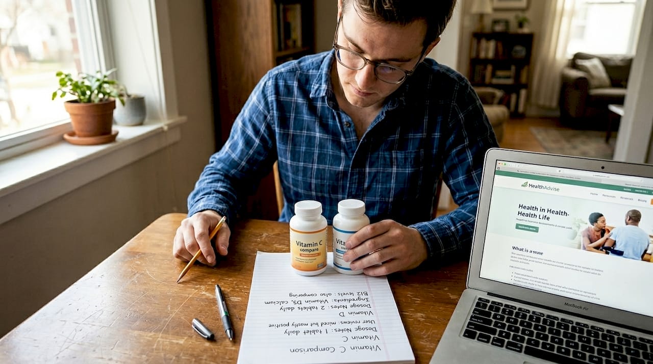 Man comparing two supplement bottles at table