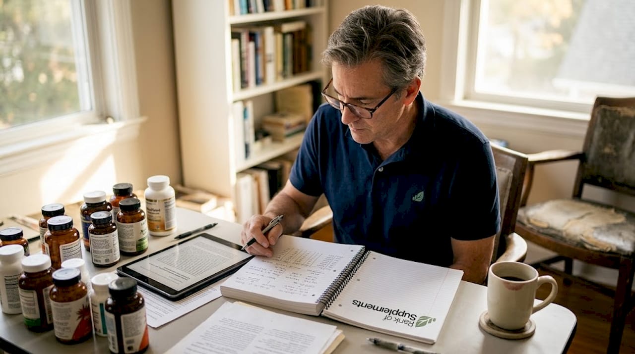 Man researches supplement strategies at desk