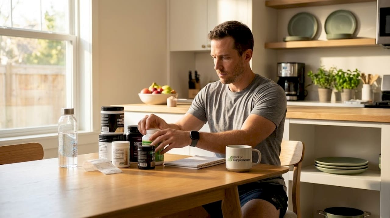 Man planning workout supplements at kitchen table