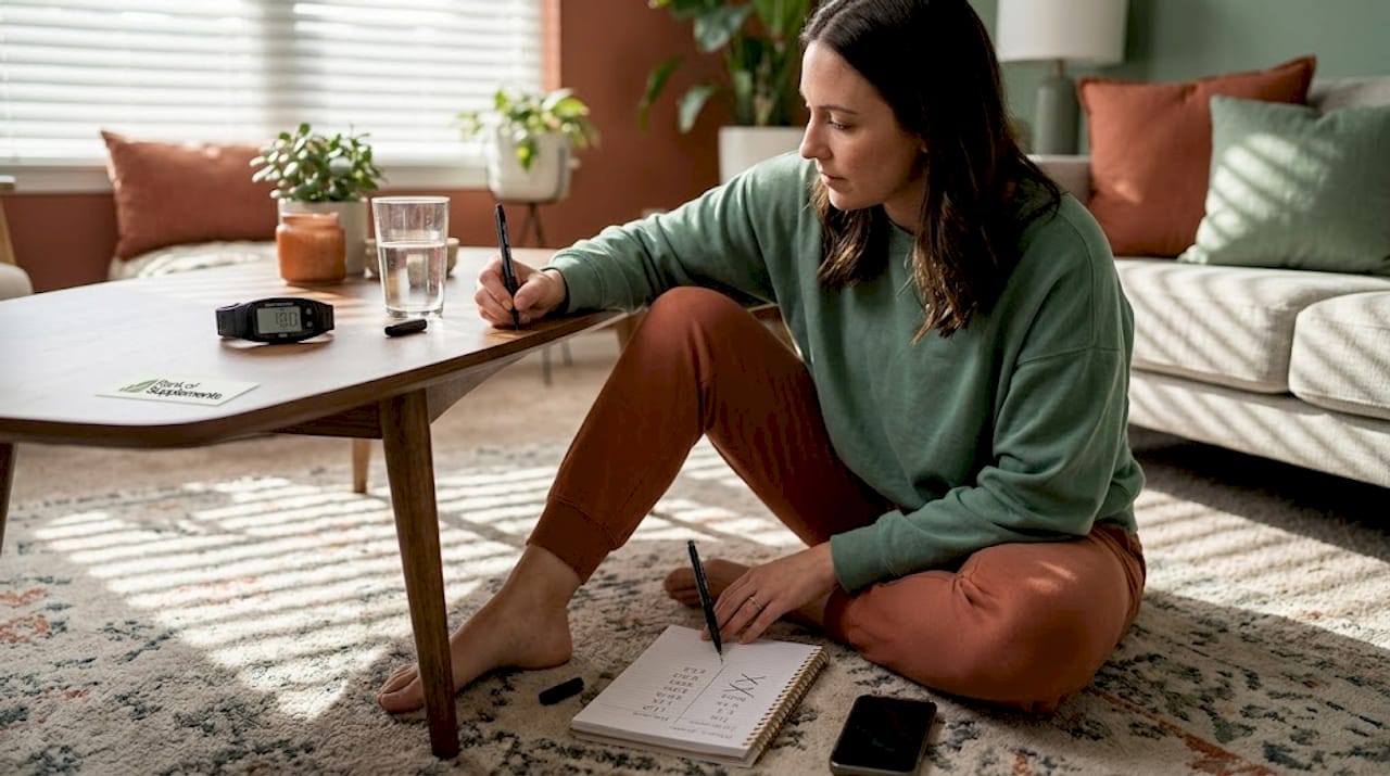 Woman tracking fitness metrics in a journal