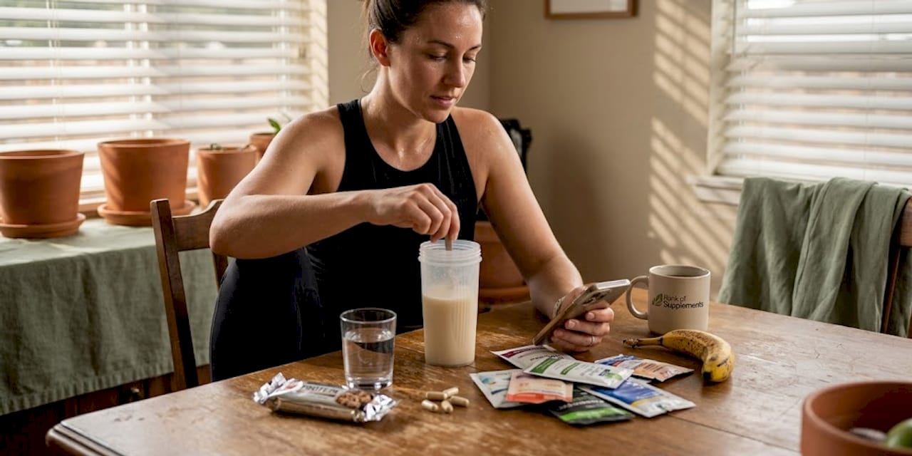 Woman using supplements after workout at table