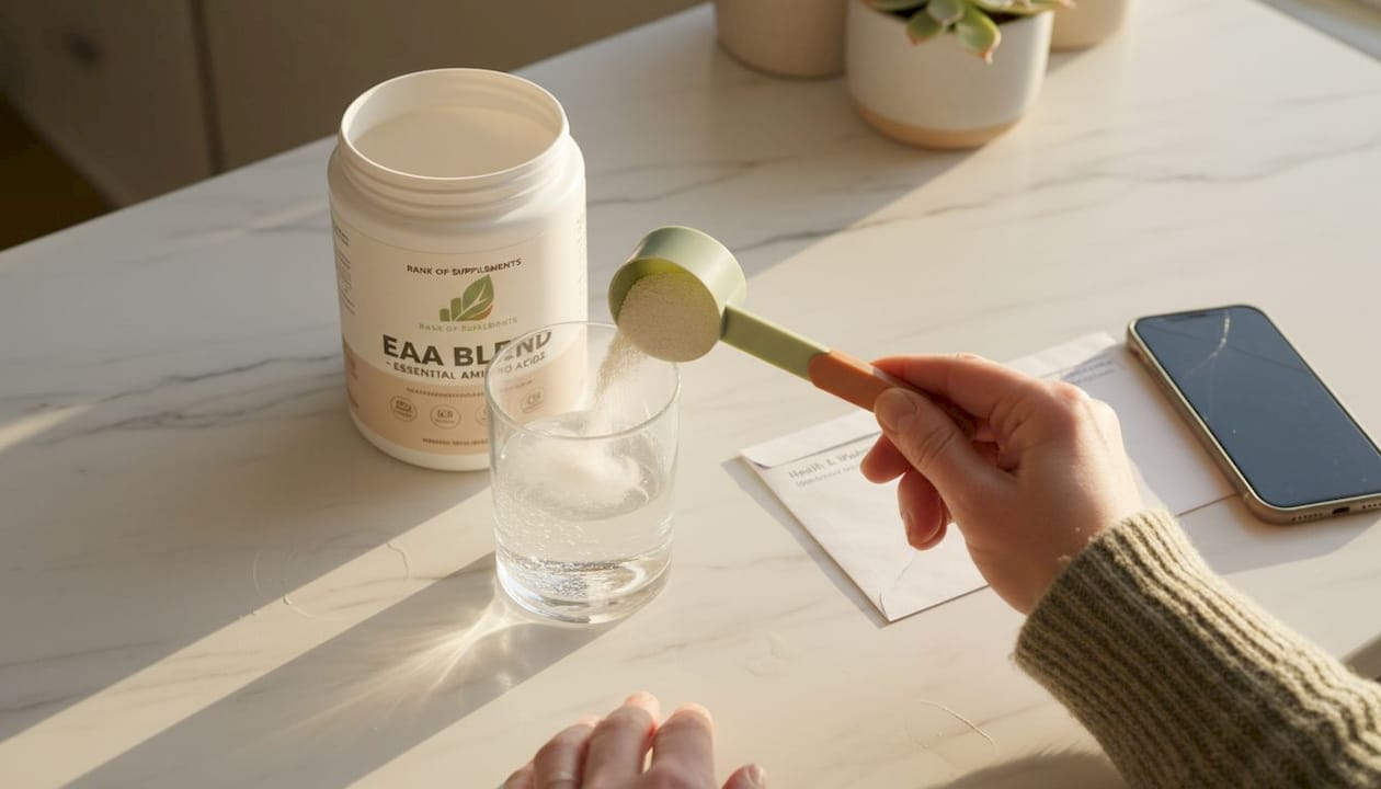 Close-up hands preparing EAA powder in kitchen