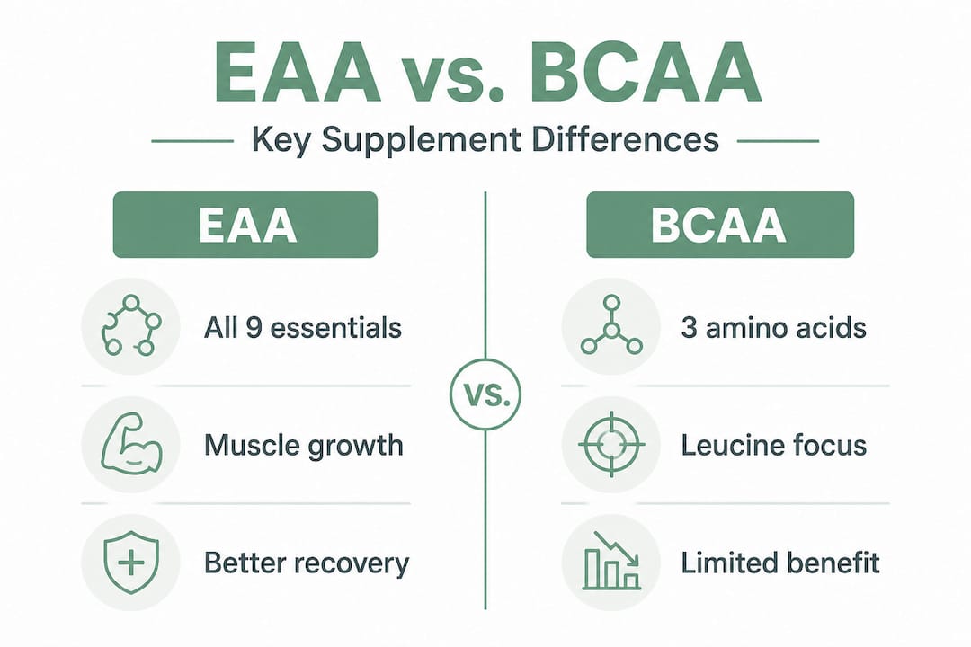 Infographic comparing EAA and BCAA supplement features