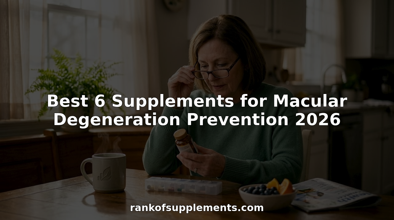 Older woman reading supplement bottle at kitchen table