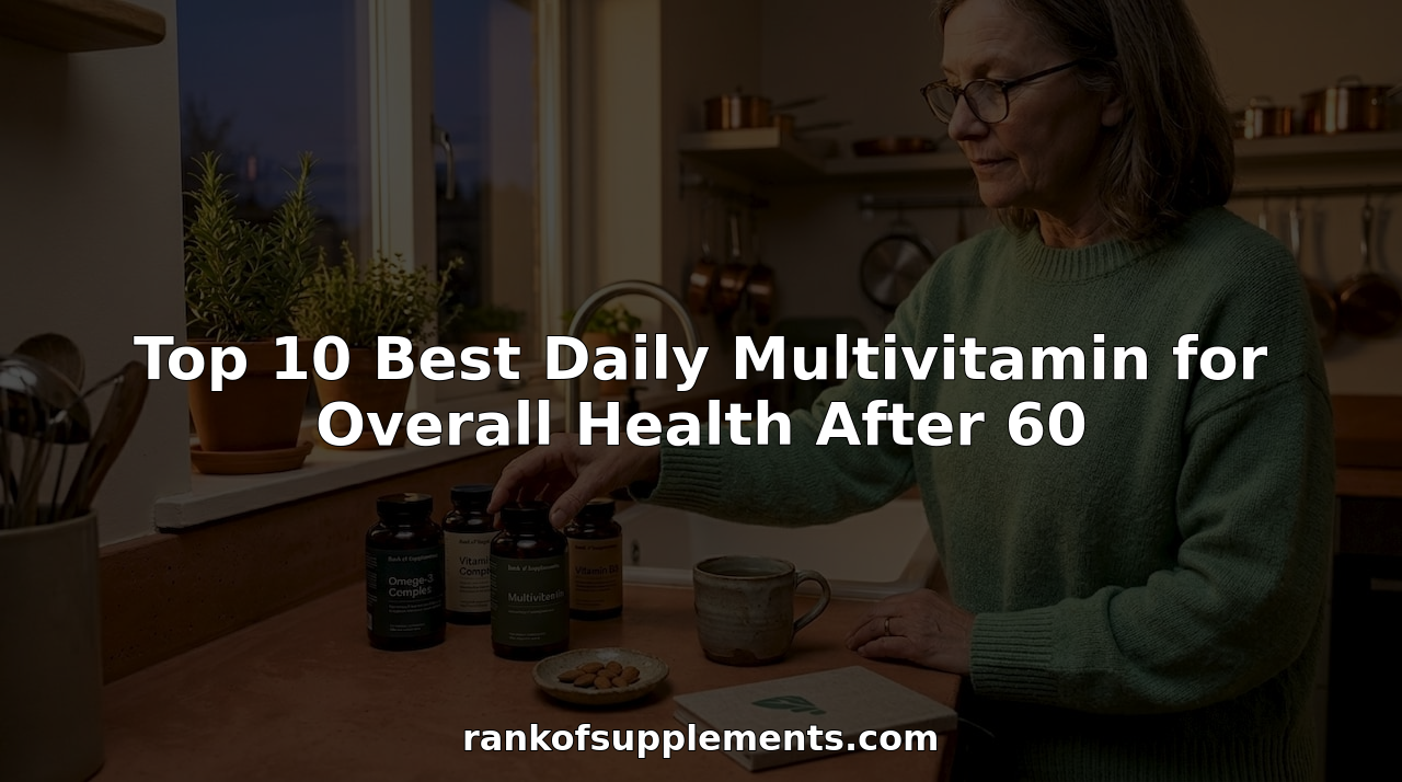 Senior woman choosing multivitamin in kitchen