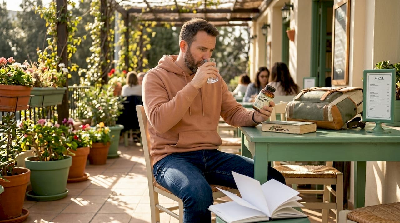 Man reading Rhodiola Rosea supplement label outdoors