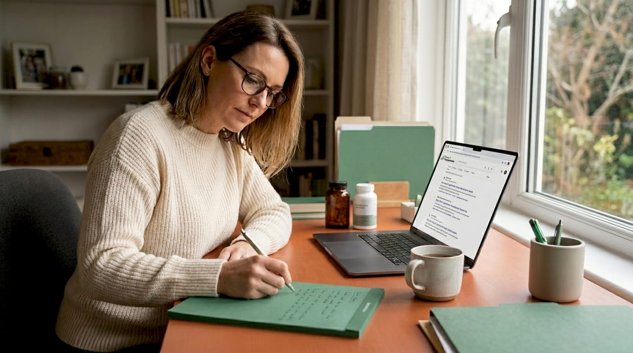 Woman researching brain fog supplements at desk
