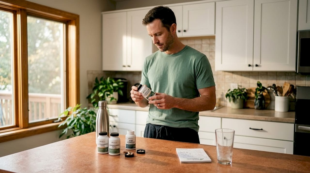 Man reading supplement bottles at kitchen counter