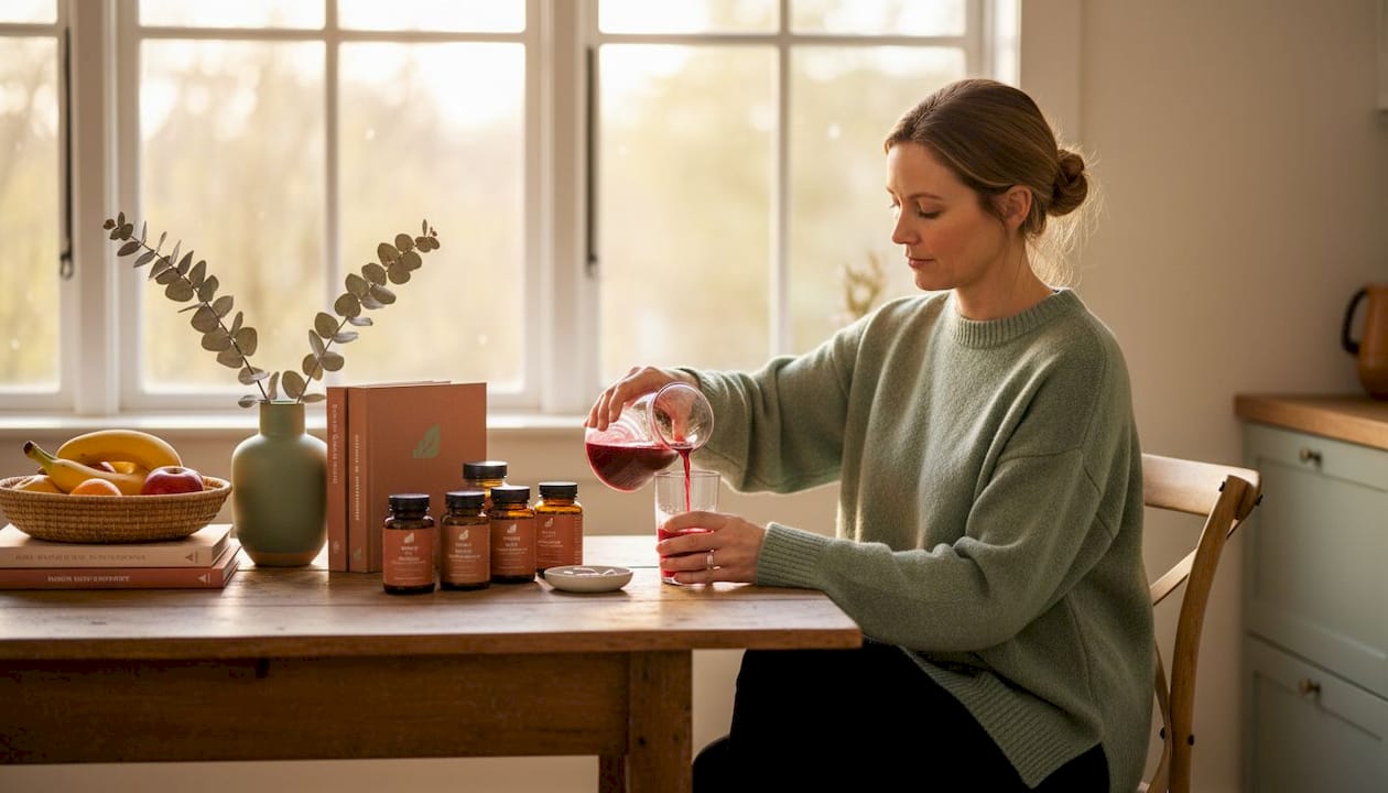 Woman pouring beetroot juice kitchen supplement routine