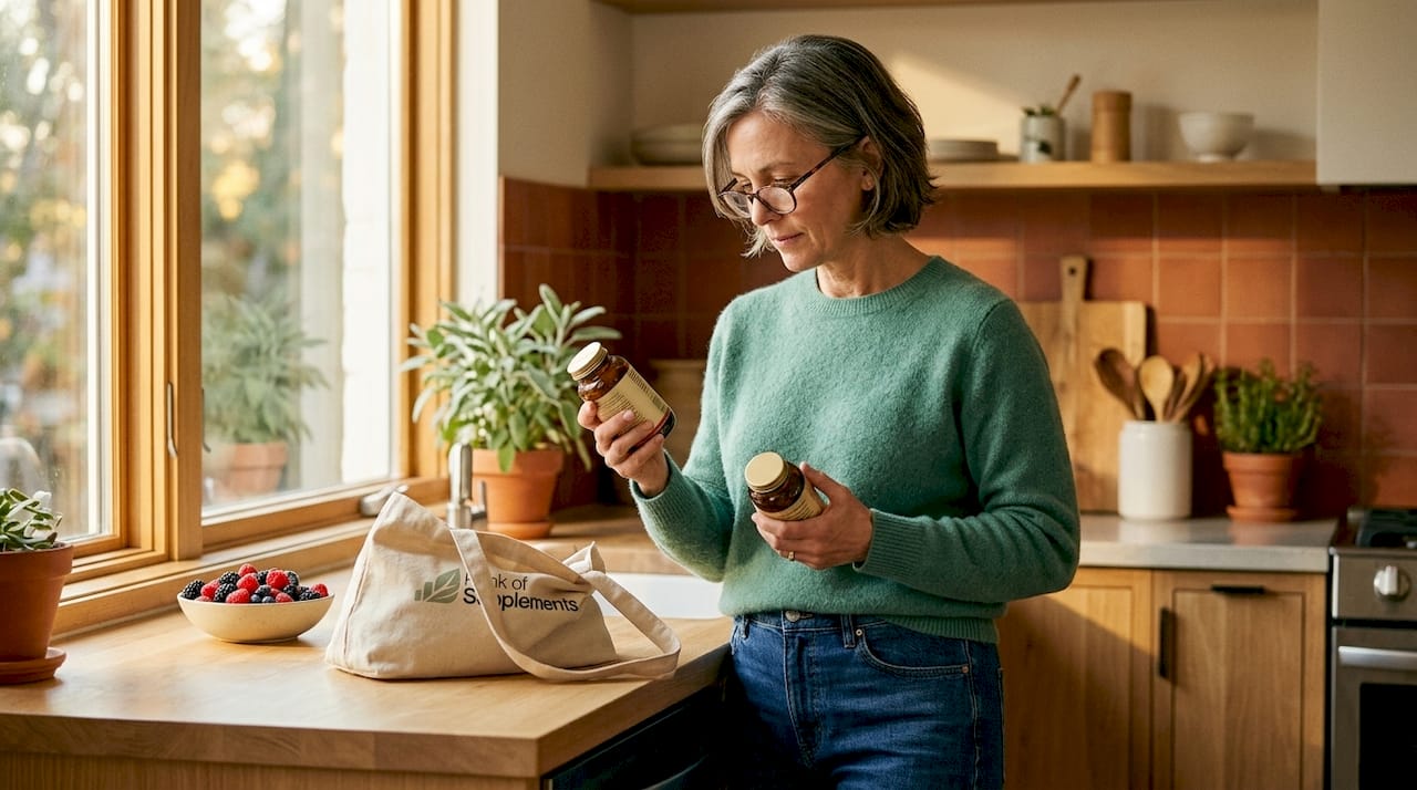 Woman reading supplement labels in sunlit kitchen