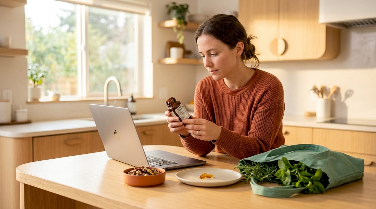 Woman studying herbal supplements at home kitchen