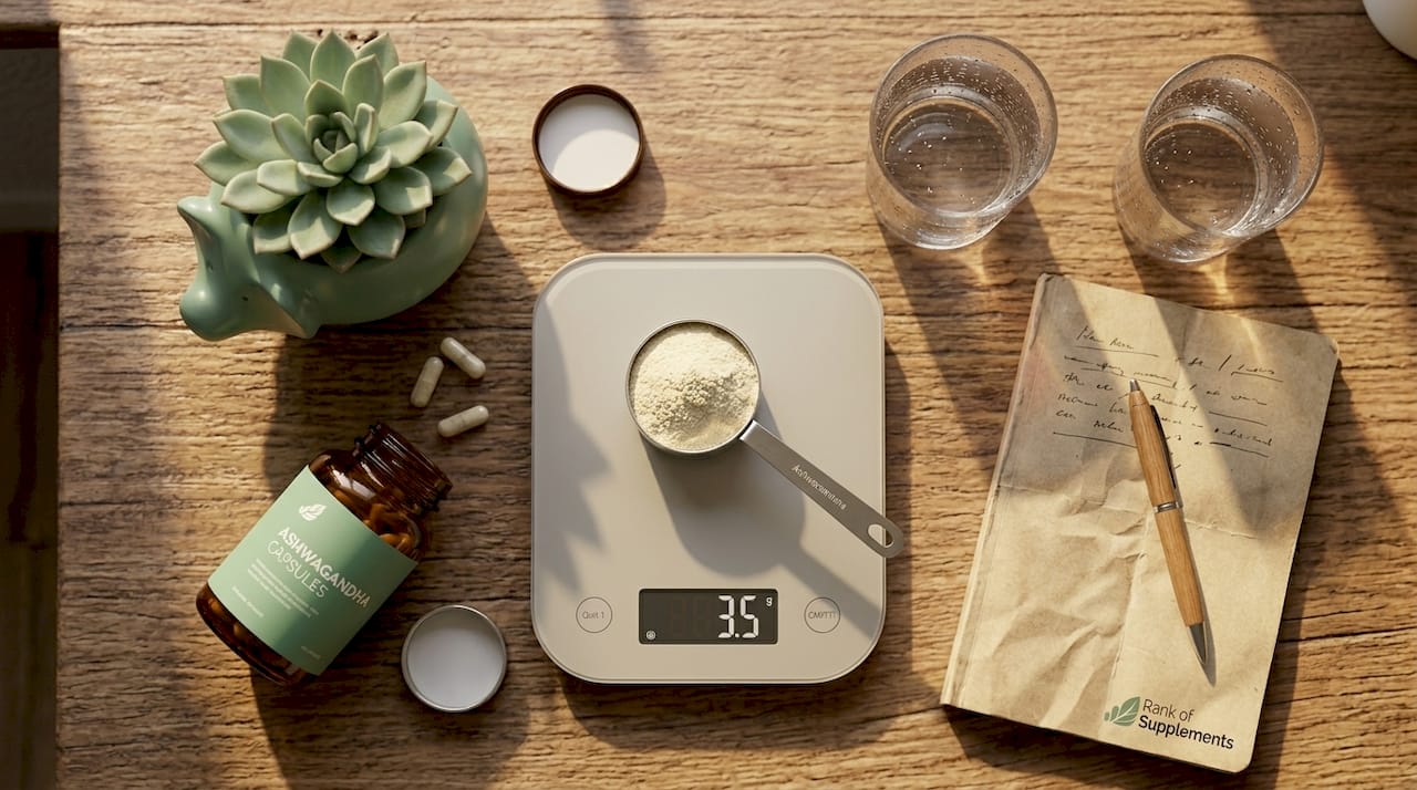 Close-up ashwagandha supplement forms on table