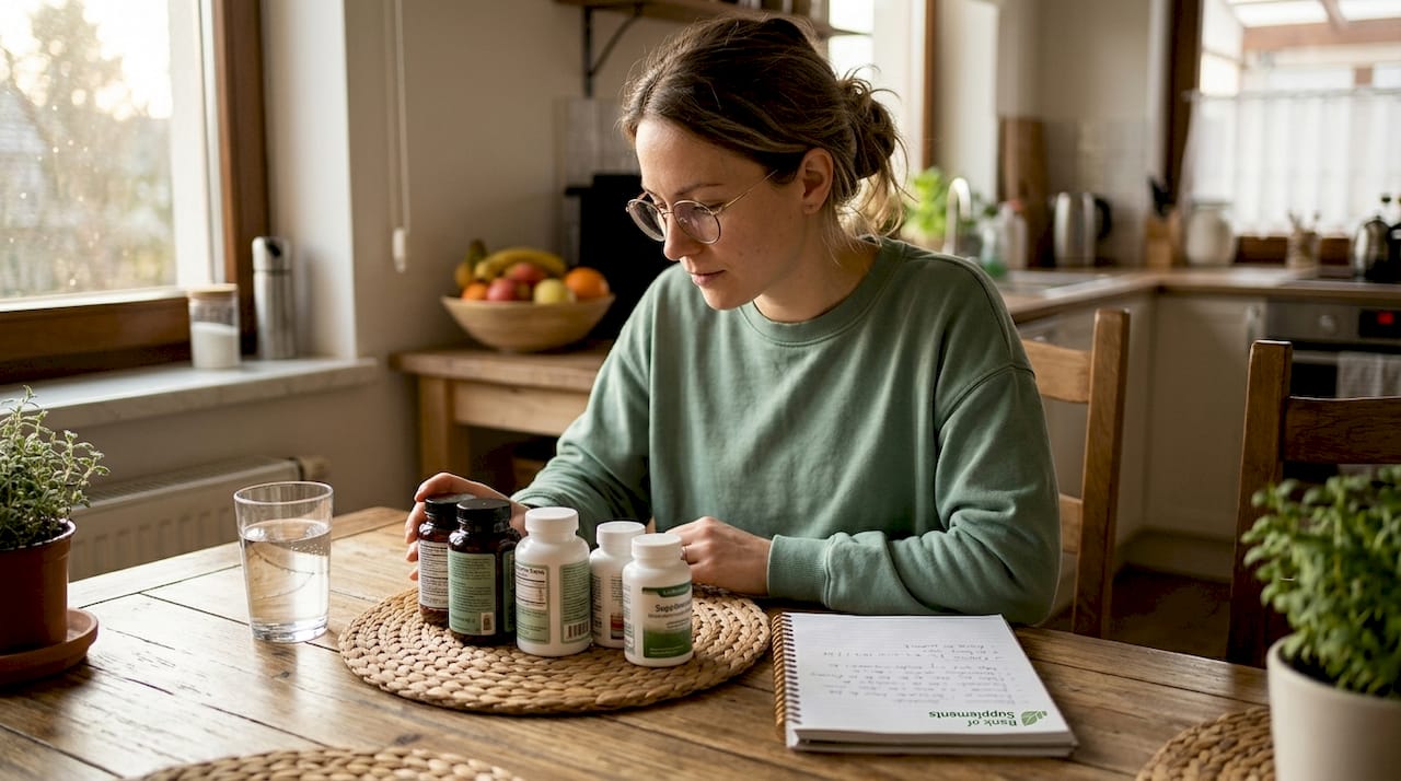 Woman comparing supplement bottles at kitchen table