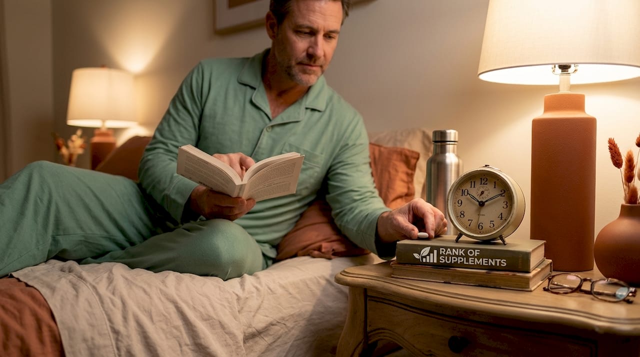 Man placing magnesium pill on nightstand