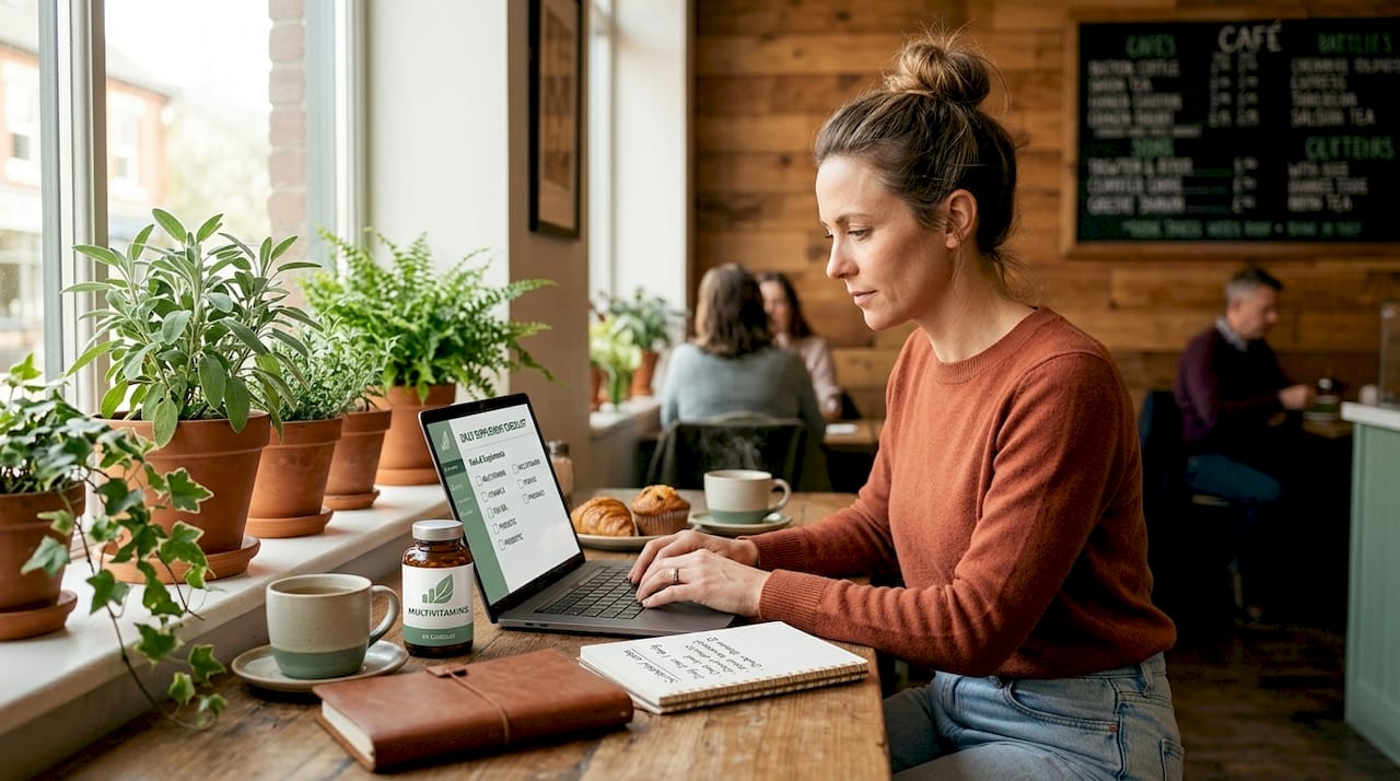 Woman completing supplement checklist at home