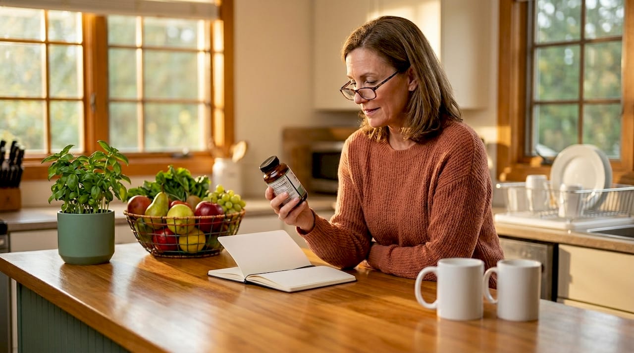 Woman checking supplement bottle in kitchen