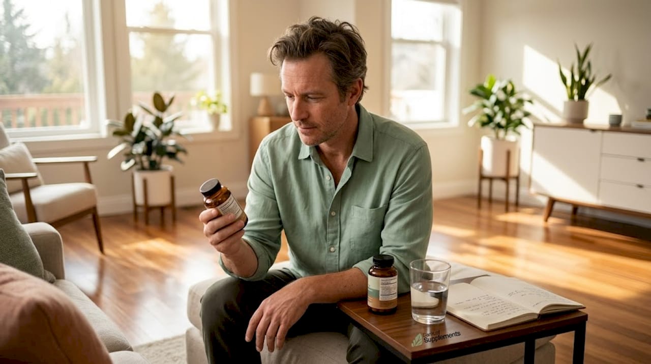 Man comparing two supplement bottles at table