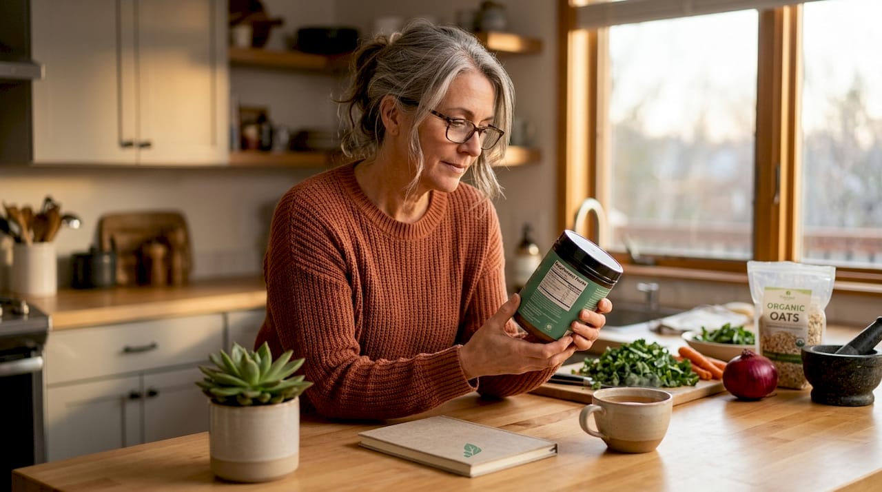 Woman reading collagen supplement label in kitchen
