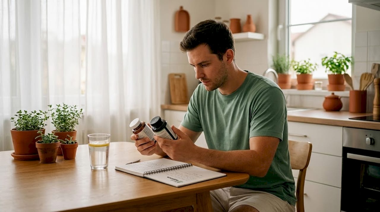 Man reading supplement labels in kitchen