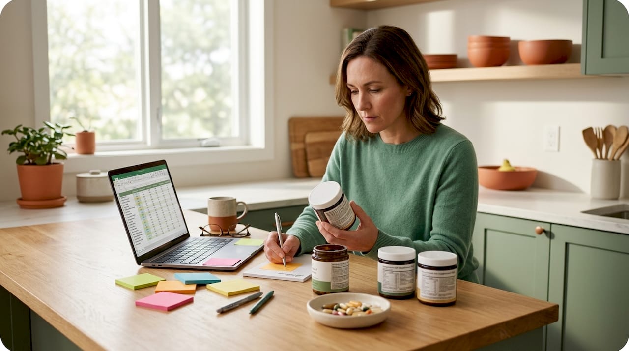 Woman reviewing vitamin ingredient lists