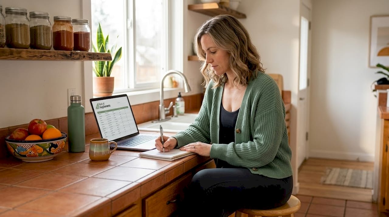 Nutritionist planning meals at kitchen table