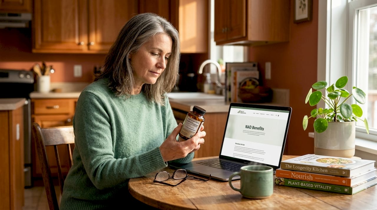 Woman examining supplement bottle at kitchen table