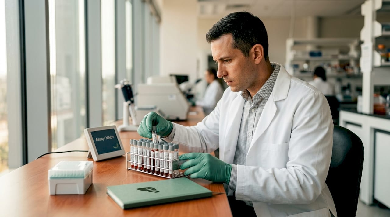 Lab technician analyzing blood samples at workstation