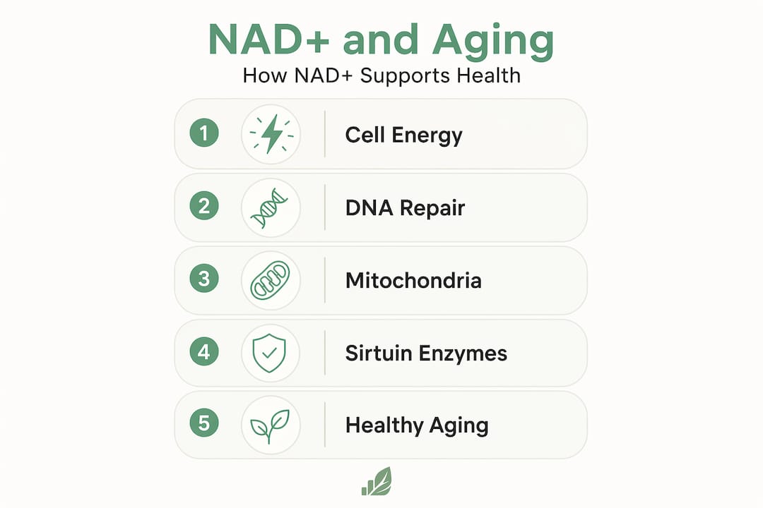 Infographic shows NAD+ aging process steps