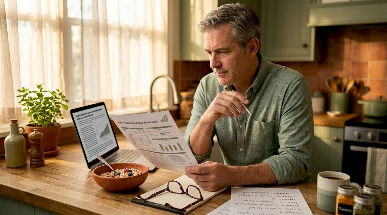 Man reviewing health report at kitchen table
