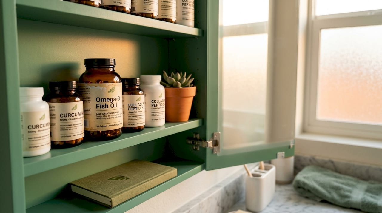 Supplement bottles for joint stiffness in bathroom cabinet